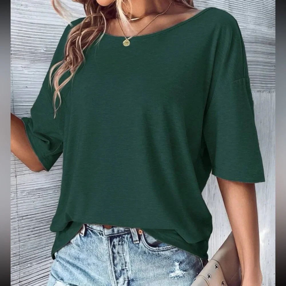 Classic Loose Fit Cut Out Back Batwing Sleeve Tee T Shirt Top Blouse Green - Picture 5 of 6